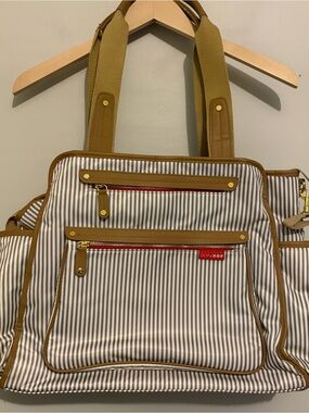 Skip Hop Grey & Cream Striped Gender Neutral Diaper Bag w Ubbi Changing Pad